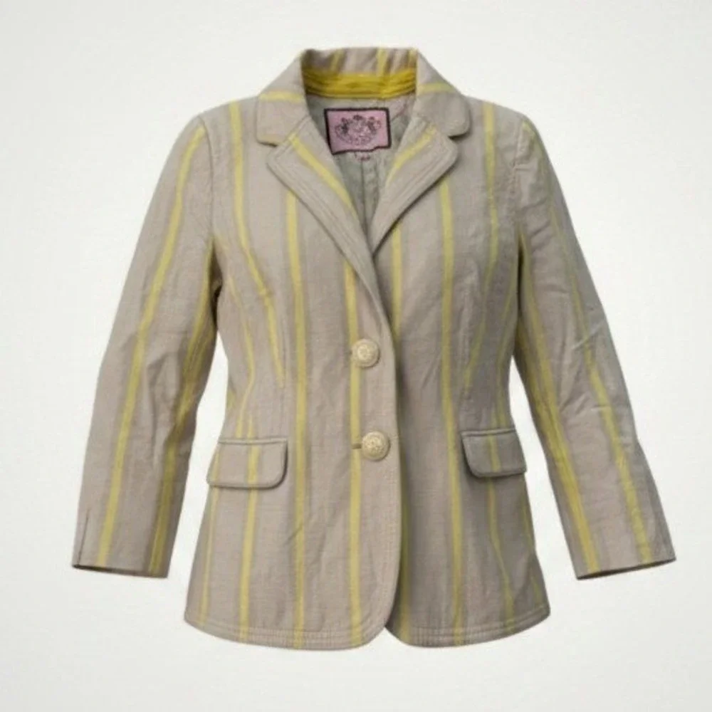 Juicy Couture Blazer Women 6 Tan Yellow Striped Y2K Light Academia Old Money
